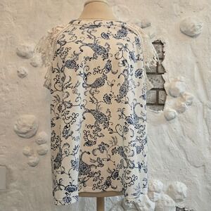 Perch Women Boho Blue White Paisley Top with Crochet Lace Shoulder Size XXL